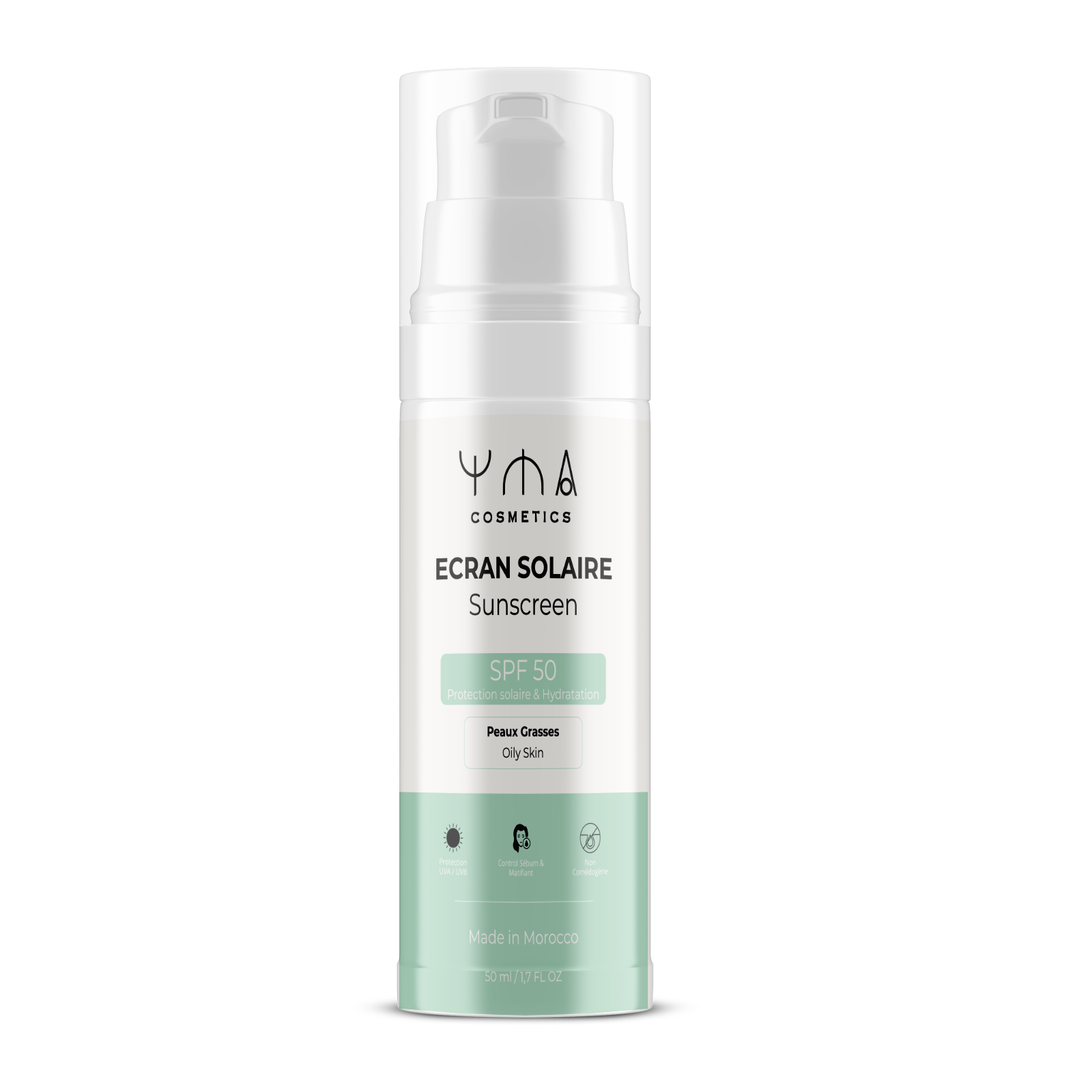 Écran solaire hydratant SPF50 invisible YMA Cosmetics pour peaux sèches à mixtes, flacon 50 ml